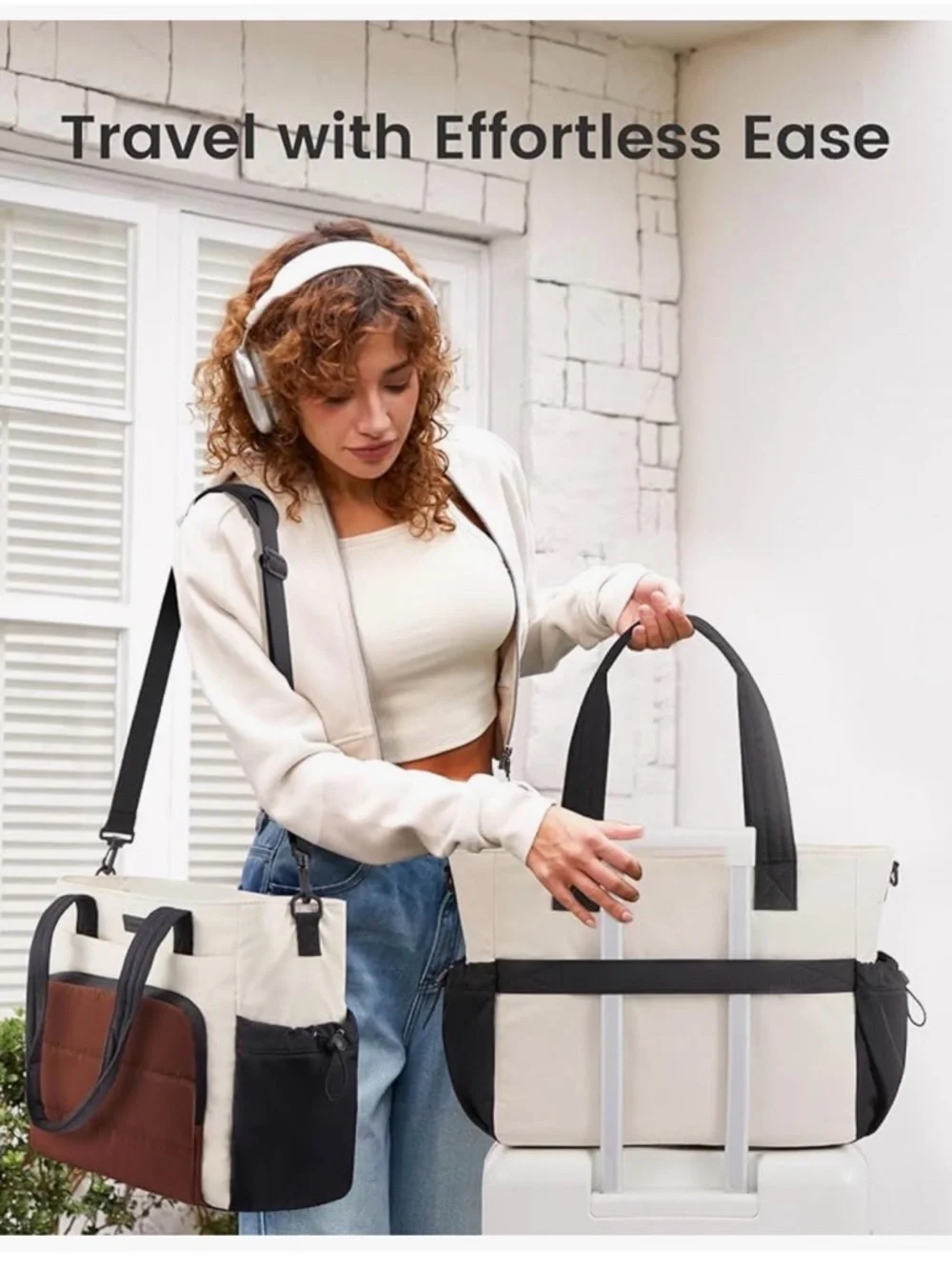 Versatile Olive & Cream Everyday Tote with Removable Pouch - Picture 3 of 7